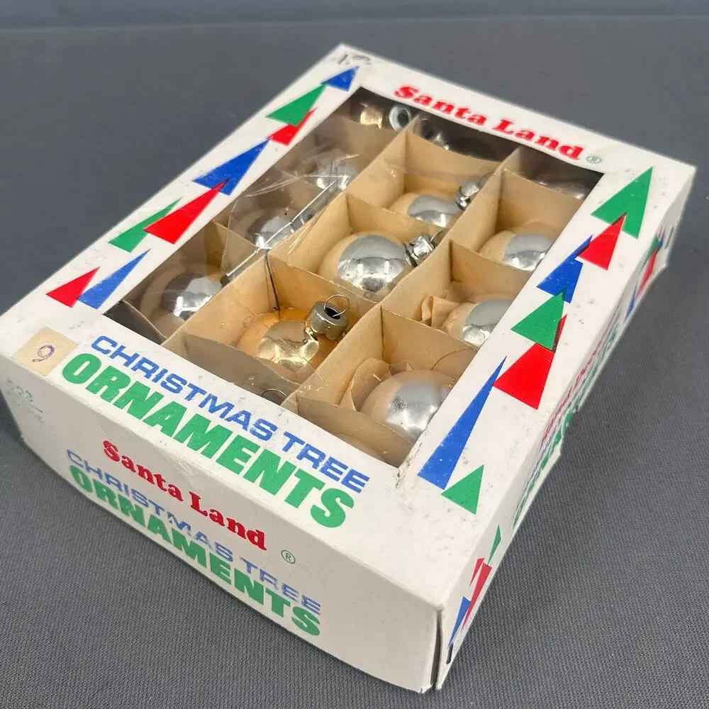 18 VTG Santa Land Silver Gold Glass Christmas Tree Ornaments USA 70s Retro Glam